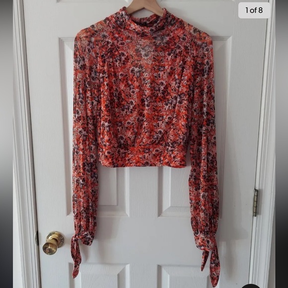 Free People Poppy Floral Mesh Cropped All Dolled Up Top Blouse Size M - Picture 5 of 5